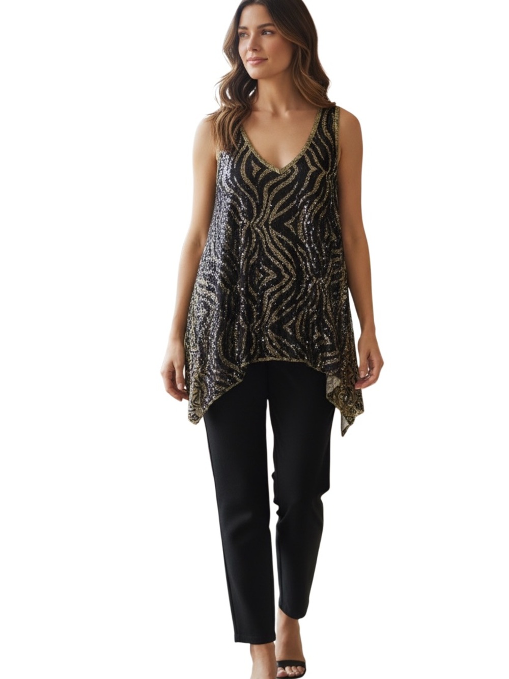 Citi Life Sequined Paisley Asymmetrical Hemline Sleeveless V-Neck Top Size L